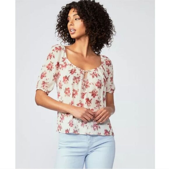 NWT PAIGE Franciska Crinkle Chiffon Silk Sheer Top in Nude Cream/Cherry Red Sz M - Picture 1 of 11